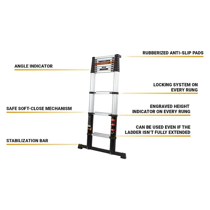 Batavia Teleskopleiter Professional - B x H: 88 x 9 cm, Anzahl Tritte: 12 Stk., Arbeitshöhe: 4,6 m - Bild einer ausziehbaren Teleskopleiter mit diversen Sicherheitsmerkmalen wie rutschfesten Pads und einem Verriegelungssystem an jeder Sprosse.
