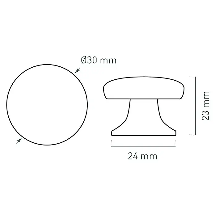 Nesu Pomo para muebles - Tipo de tirador del mueble: Botón, Ø x Al: 30 x 23 mm, Otros, Cromo - Dibujo técnico de un tirador de mueble con dimensiones: Ø30 mm (diámetro), 23 mm (altura) y 24 mm (base).