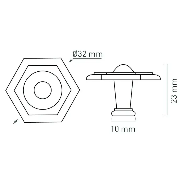 Nesu Pomo para muebles Bronce - Ø x Al: 32 x 23 mm, 6 ud. - Dibujo técnico de un tirador de mueble con cabeza hexagonal, diámetro 32 mm y una altura de 23 mm, base de 10 mm.