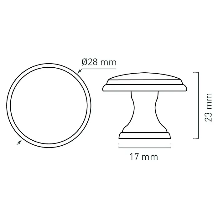 Nesu Pomo para muebles Bronce - Ø x Al: 29 x 23 mm, 6 ud. - Dibujo técnico de un tirador de mueble redondo con dimensiones Ø28 mm (diámetro), 23 mm (altura) y 17 mm (diámetro base).