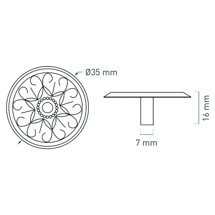 Nesu Pomo para muebles Cuero Viejo - Ø x Al: 35 x 16 mm, Cuero envejecido, 1 ud. - Dibujo técnico de un tirador decorativo con dimensiones Ø35 mm de diámetro y 16 mm de altura.