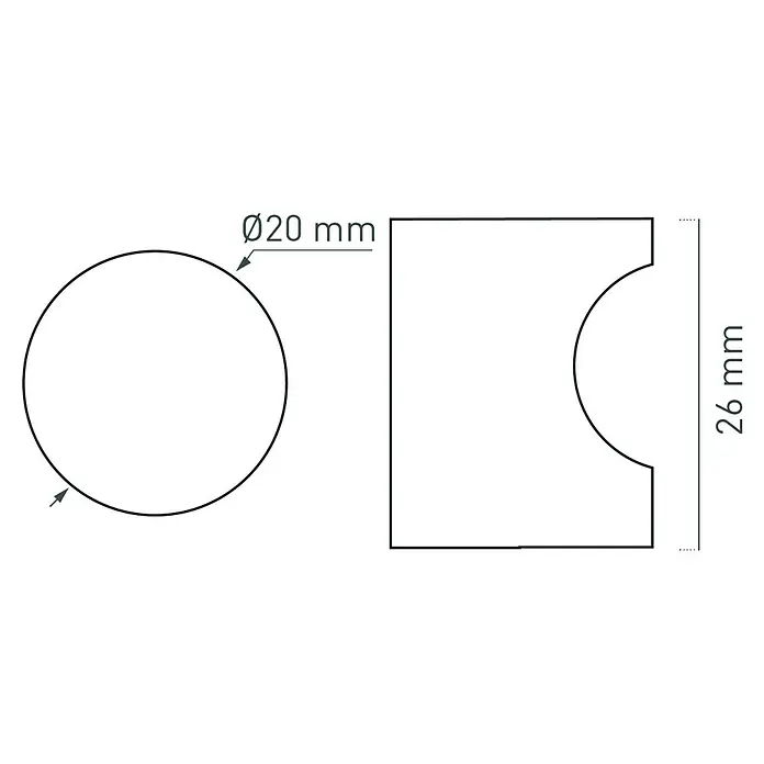 Nesu Pomo para muebles - Tipo de tirador del mueble: Botón, Ø x Al: 20 x 26 mm, Aluminio, Negro - Imagen del producto: Representación de un elemento de conexión con un corte cilíndrico, dibujo técnico con dimensiones.