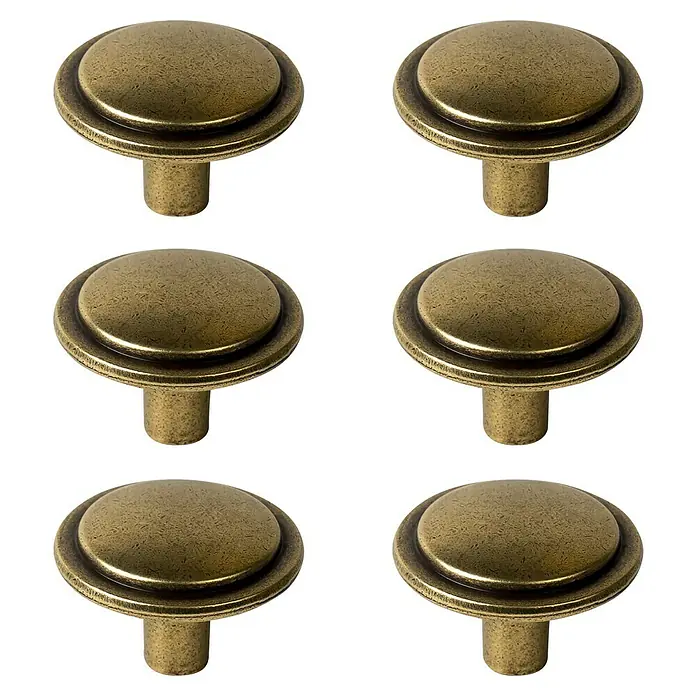 Nesu Pomo para muebles Cuero Viejo - Ø x Al: 30 x 20 mm, Cuero envejecido, 6 ud. - Seis pomos redondos de bronce para gabinetes con un diseño concéntrico y un acabado rústico, perfectos para muebles.