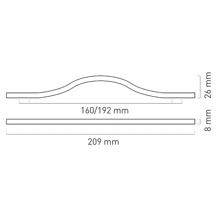 Nesu Tirador para muebles - Largo: 209 mm, Distancia entre orificios: 192 mm, Inoxidable, Mate - Bosquejo de producto de un elemento curvo con dimensiones, que detalla las medidas y especificaciones de diseño del producto.