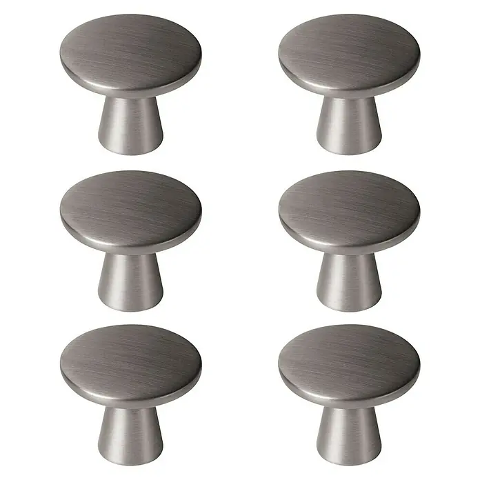 Nesu Pomo para muebles - Ø x Al: 33 x 25 mm, Inoxidable, 6 ud. - Imagen de seis pomos redondos para muebles con un acabado de metal cepillado sobre un fondo negro.