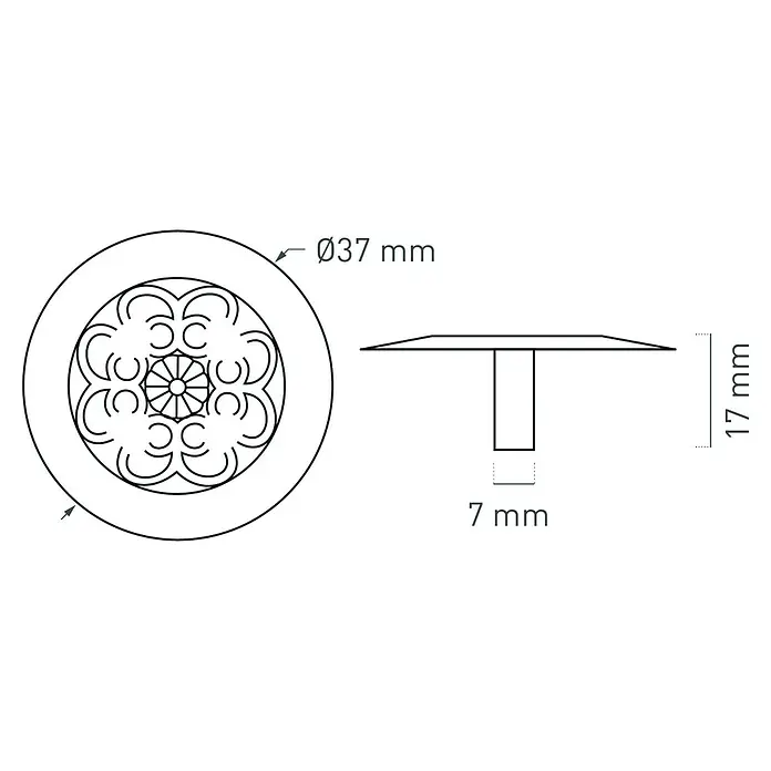 Nesu Pomo para muebles Cuero Viejo - Ø x Al: 37 x 17 mm, Cuero envejecido, 6 ud. - Diagrama de un tapón decorativo, dimensiones Ø37 mm y 17 mm de altura, para aplicaciones versátiles.