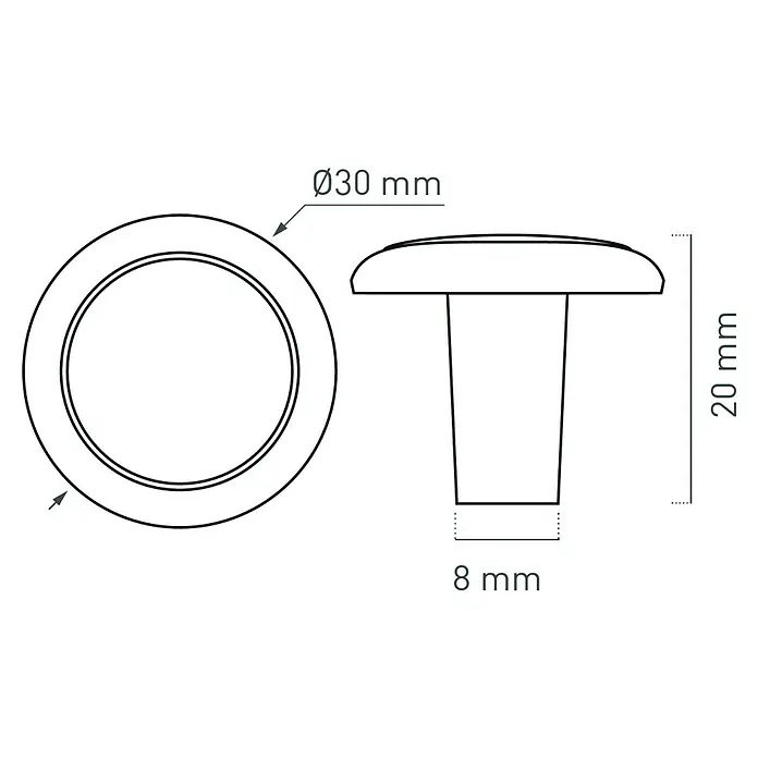 Nesu Pomo para muebles Cuero Viejo - Ø x Al: 30 x 20 mm, Cuero envejecido, 1 ud. - Dibujo de un tirador para muebles con dimensiones ø30mm de diámetro, 20mm de altura y 8mm de ancho.