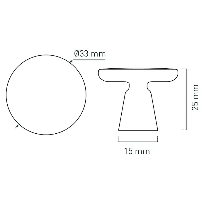 Nesu Pomo para muebles - Ø x Al: 33 x 25 mm, Inoxidable, 1 ud. - Dibujo técnico de un tirador de mueble redondo de 33 mm de diámetro y 25 mm de altura, con una base de 15 mm de diámetro.