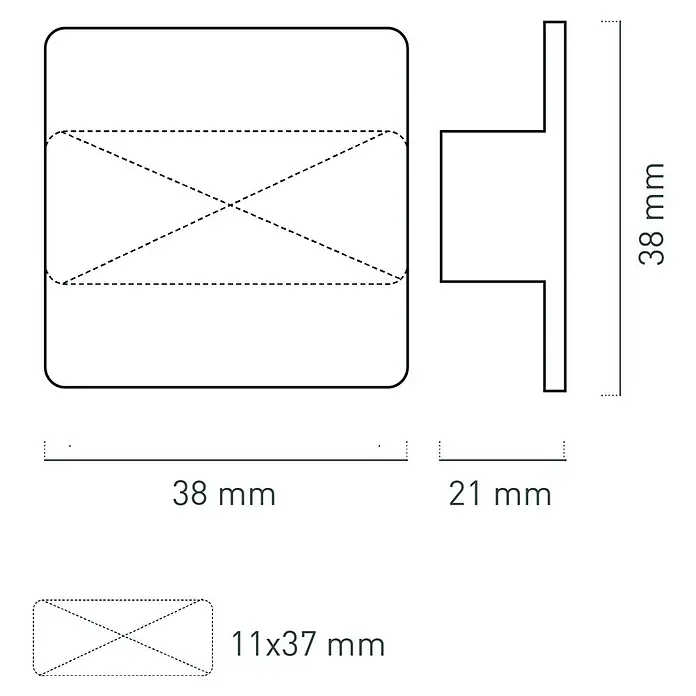Nesu Pomo para muebles - L x An x Al: 38 x 38 x 21 mm, Latón, Satinado - Dibujo técnico de un producto cuadrado, que mide 38 x 38 mm, con una profundidad de 21 mm y un hueco de 11 x 37 mm.