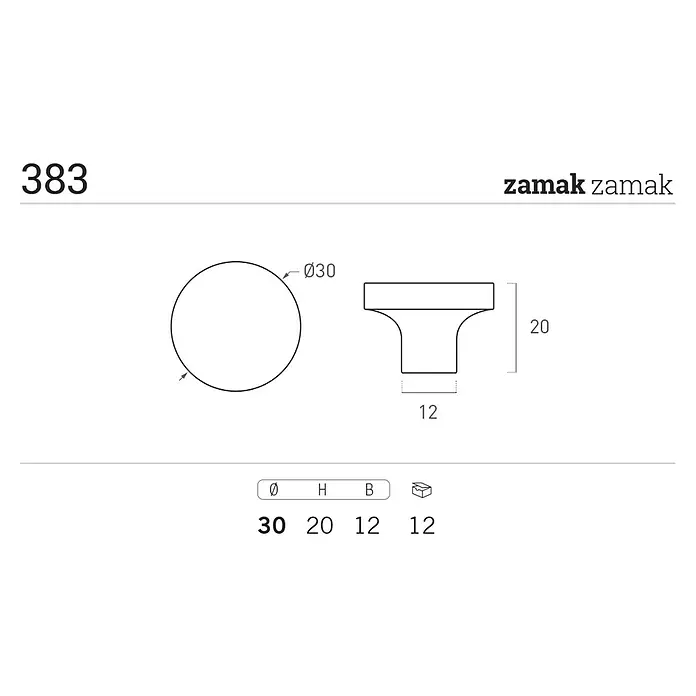 Nesu Pomo para muebles - Tipo de tirador del mueble: Botón, Ø x Al: 30 x 20 mm, Otros, Negro - Dibujo técnico del tirador para muebles Zamak 383, con un diámetro de 30 mm, una altura de 20 mm y una base de 12 mm. Ideal para diseño.
