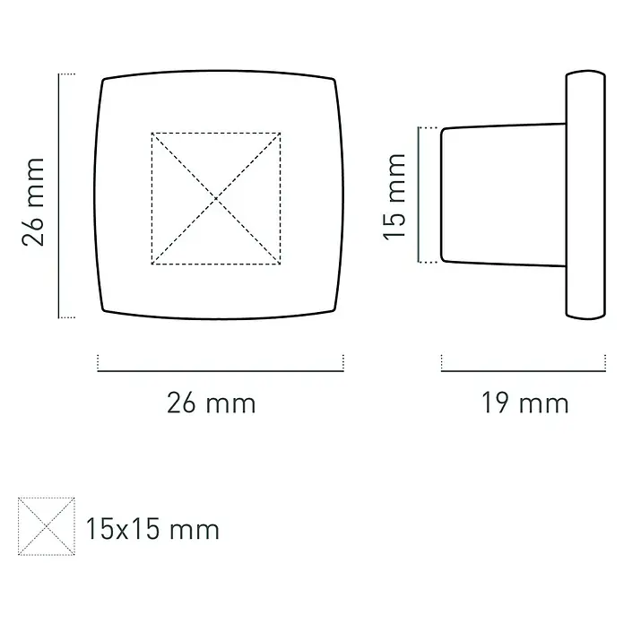 Nesu Pomo para muebles - L x An x Al: 26 x 26 x 16 mm, Latón - Dibujo técnico de un tirador de mueble cuadrado con esquinas redondeadas, dimensiones 26x26x19mm.