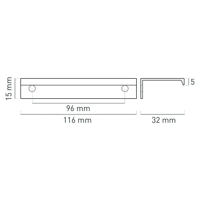 Nesu Tirador para muebles - Largo: 116 mm, Distancia entre orificios: 96 mm - Ilustración de un tirador de mueble con dimensiones de 116 mm de longitud, 15 mm de altura y 32 mm de profundidad. El espacio entre tornillos es de 96 mm, el grosor es de 5 mm.