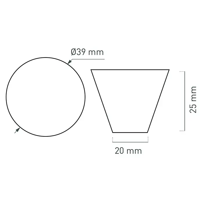 Nesu Pomo para muebles Haya - Ø x Al: 40 x 25 mm, Madera, Miel - Diagrama esquemático de un producto de 39 mm de diámetro y 25 mm de altura, base 20 mm, en dibujo técnico.