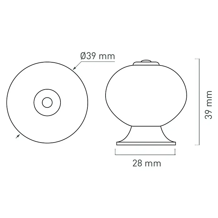 Nesu Pomo para muebles - Ø x Al: 39 x 39 mm, Porcelana, Beige - Imagen de un tirador de mueble redondo que muestra las dimensiones, diámetro 39 mm y profundidad 28 mm.