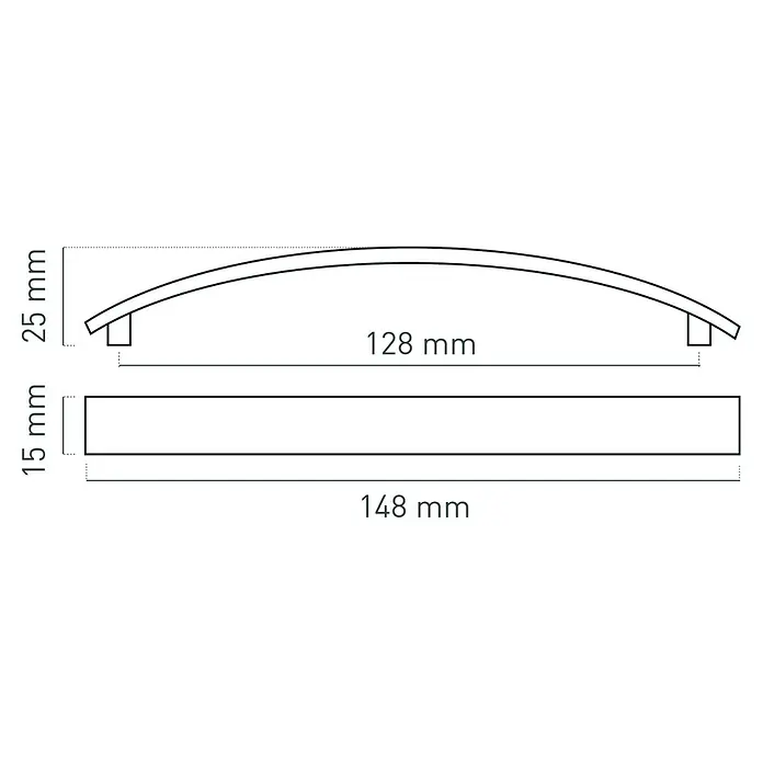 Nesu Tirador para muebles - Largo: 148 mm, Distancia entre orificios: 128 mm - Diagrama de un tirador de mueble con dimensiones. Altura del asa: 25 mm, distancia de montaje: 128 mm, ancho total: 148 mm, grosor: 15 mm.