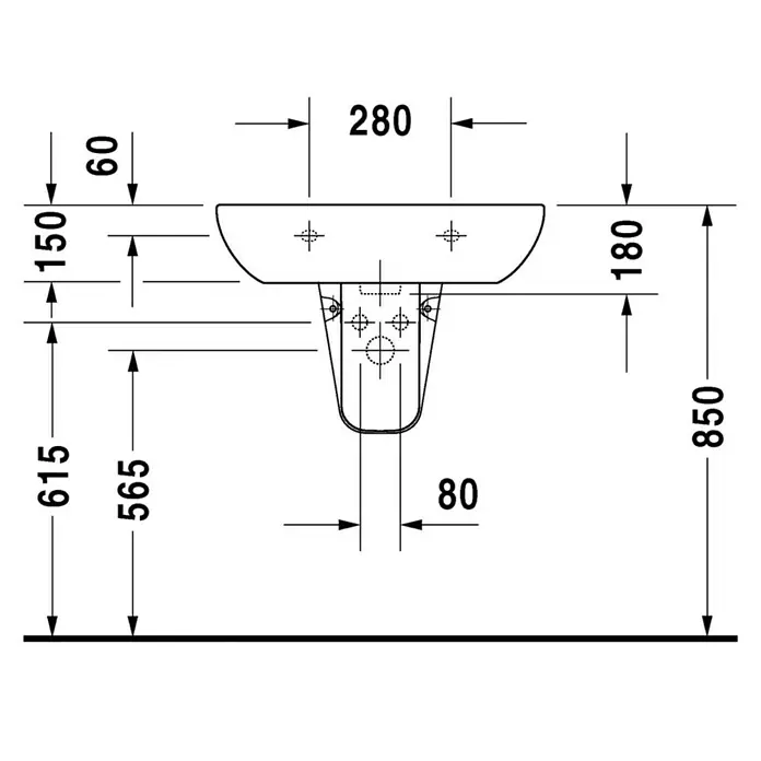 Duravit D-Code Waschtisch - 65 x 50 cm, Ohne Spezialglasur, Hahnloch: Mitte, Mit Überlauf, Weiß - Schemazeichnung eines Waschbeckens mit Maßen. Die Skizze zeigt die Abmessungen des Waschbeckens für die Installation.