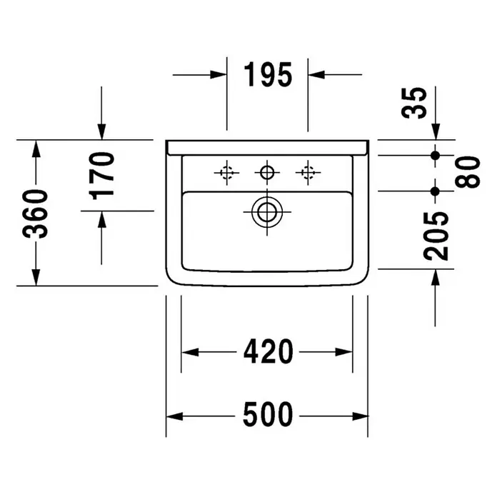 Duravit Starck 3 Waschbecken - 50 x 36 cm, Ohne Spezialglasur, Hahnloch: Mitte, Mit Überlauf, Weiß - Technische Zeichnung eines Waschtisches mit Maßen. Die Zeichnung zeigt die Abmessungen des Waschbeckens für Installationszwecke.
