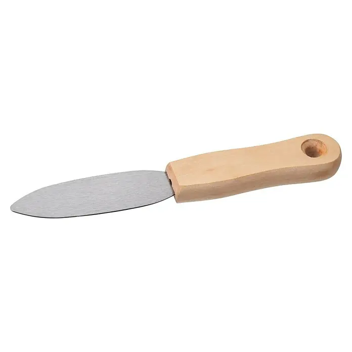 swingcolor Kittmesser - Länge: 95 mm, Material Blatt: Stahl, Material Griff: Holz, Rostfrei - Nahaufnahme eines Streichmessers mit Holzgriff und abgerundeter Metallklinge, ideal zum Auftragen von Farben oder Spachtel.