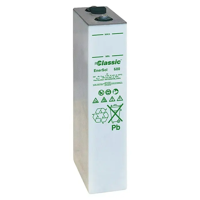 Batería solar Estacionaria Enersol - 597 Ah - Una batería Classic EnerSol 600, una solución de almacenamiento de energía con 2V y 597 Ah, ideal para sistemas solares y de emergencia, mostrada en blanco.