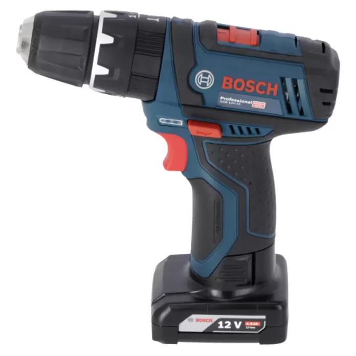 Bosch Professional Akku-Schlagbohrschrauber GSB 12V-15 - 12 V, 2 Akkus, 2 Ah - 4 Ah, 30 Nm, 2 Akkus + Ladegerät + 25-tlg. Bit-Set/14-tlg. Bohrer-Set + Tasche