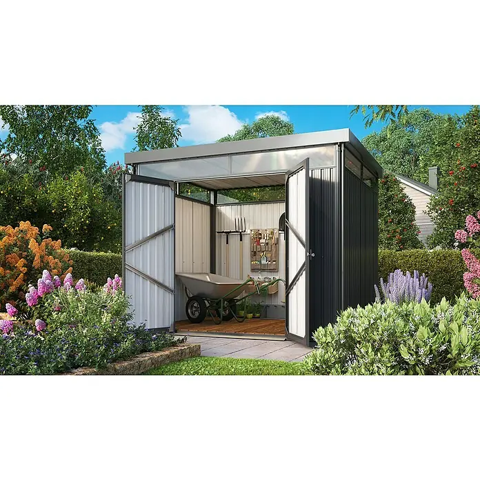 Vitavia Gerätehaus Rheinfelden - Außenmaß inkl. Dachüberstand (B x T): 276 x 245 cm, Stahl, Anthrazit - Ein geräumiger Gartenschuppen mit geöffneten Doppeltüren, ideal zur Aufbewahrung von Gartengeräten und -zubehör im Freien.