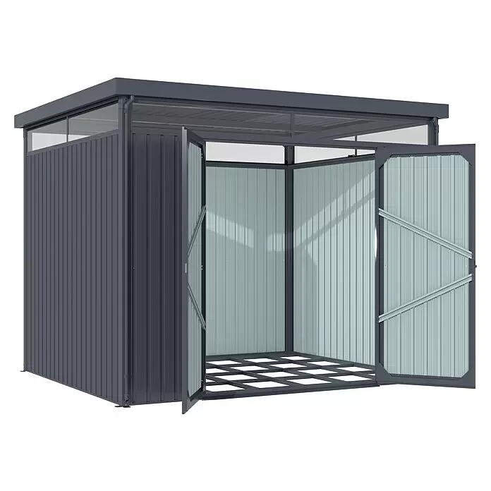 Vitavia Gerätehaus Rheinfelden - Außenmaß inkl. Dachüberstand (B x T): 276 x 245 cm, Stahl, Anthrazit - Dunkelgraues Metallgerätehaus mit Wellwänden, lichtdurchlässigen Paneelen und geöffneten Türen, das einen hellgrauen Innenraum und Grundrahmen zeigt.