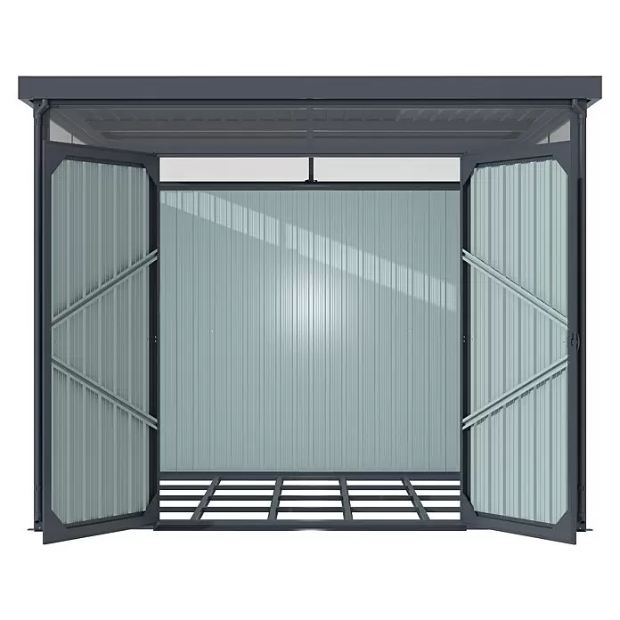 Vitavia Gerätehaus Rheinfelden - Außenmaß inkl. Dachüberstand (B x T): 276 x 245 cm, Stahl, Anthrazit - Grauer Metallschuppen mit offenen Doppeltüren, gewelltem Innenraum und Lattenrost.