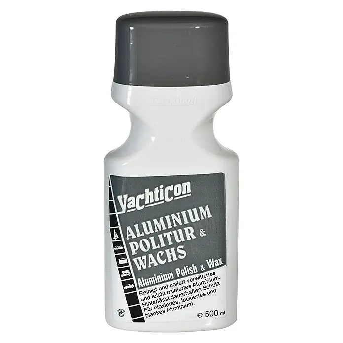 Yachticon Politur- & Reinigungswachs - 500 ml, Geeignet für: Aluminium - Abbildung einer Flasche Yacticon Aluminiumpolitur & Wachs, ein Produkt zur Reinigung und zum Polieren von Aluminiumoberflächen.