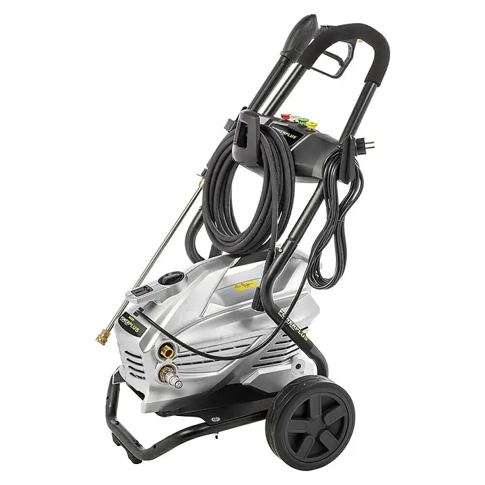 PowerPlus Hidrolimpiadora de alta presión POWXG90430 - 190 bar, 3.100 W, Capacidad de bombeo: 660 l/h - Una hidrolavadora Powerplus plateada con ruedas y accesorios. Ideal para tareas de limpieza al aire libre.