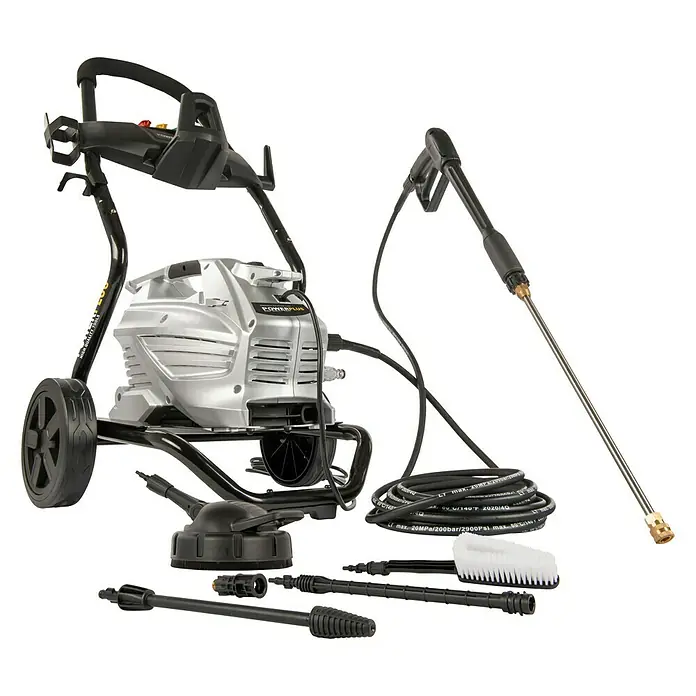 PowerPlus Hidrolimpiadora de alta presión POWXG90430 - 190 bar, 3.100 W, Capacidad de bombeo: 660 l/h - La imagen muestra una hidrolimpiadora POWERPLUS con accesorios como boquillas, cepillos y una manguera sobre un fondo negro.