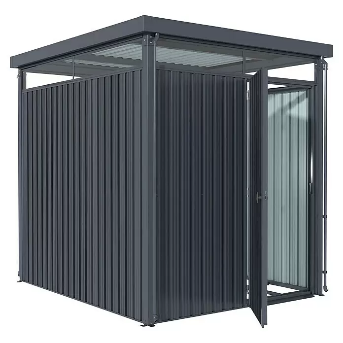 Vitavia Gerätehaus Rheinfelden - Außenmaß inkl. Dachüberstand (B x T): 190 x 245 cm, Stahl, Anthrazit - Grauer Metallschuppen mit Wellblechwänden und offener Tür, transparentem Dachbereich.