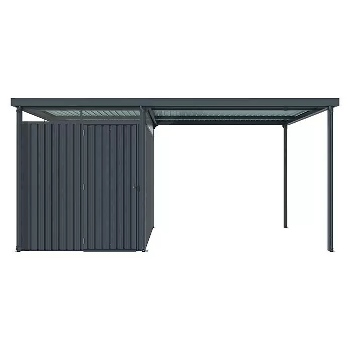 Vitavia Gerätehaus Rheinfelden 78 - Außenmaß inkl. Dachüberstand (B x T): 490 x 245 cm, Stahl, Anthrazit - Dunkelgraues Metallcarport mit integriertem Geräteschuppen.
