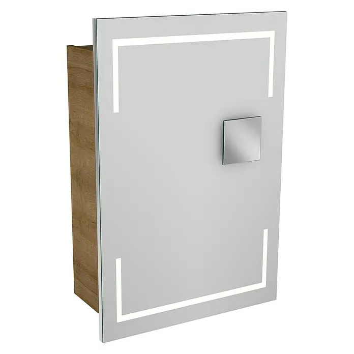 Camargue Stella LED-Spiegelschrank - B x H: 51 x 73,7 cm, Holz, Berg Eiche, DIN Anschlag: Links, Kantenausführung Tür: Eckig - Bild eines beleuchteten Spiegelschranks mit Holzstruktur. Das Design ist modern und funktional für Badezimmer.