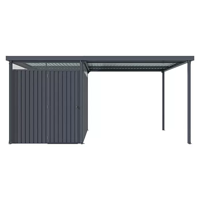Vitavia Gerätehaus Rheinfelden 78 - Außenmaß inkl. Dachüberstand (B x T): 490 x 245 cm, Stahl, Anthrazit - Dunkelgrauer Metall-Geräteschuppen mit gerippten Wänden und integriertem Carport mit lichtdurchlässigem Dach.