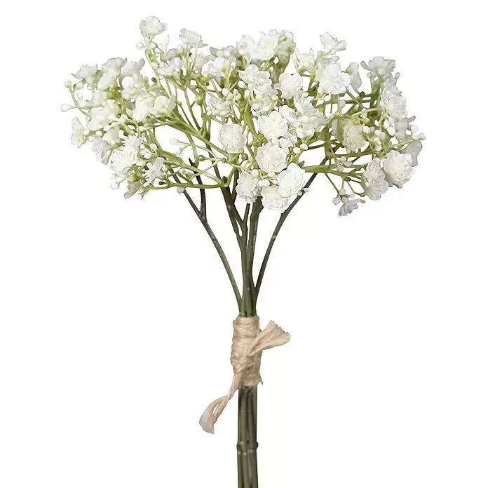 Kunstblume Schleierkraut Bund - 30 cm, Cream, Kunststoff - Künstlicher Schleierkrautstrauß mit weißen Blüten und grünen Stielen, mit beigem Band gebunden.