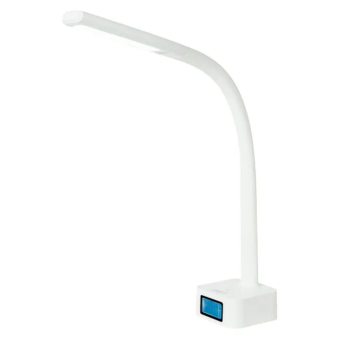 Schuller Lámpara de sobremesa Ýoung - 8 W, L x An x Al: 10 x 10 x 42 cm, Blanco, Blanco cálido - Una moderna lámpara de escritorio blanca con iluminación LED y pantalla digital en la base. Ideal para oficina o estudio.