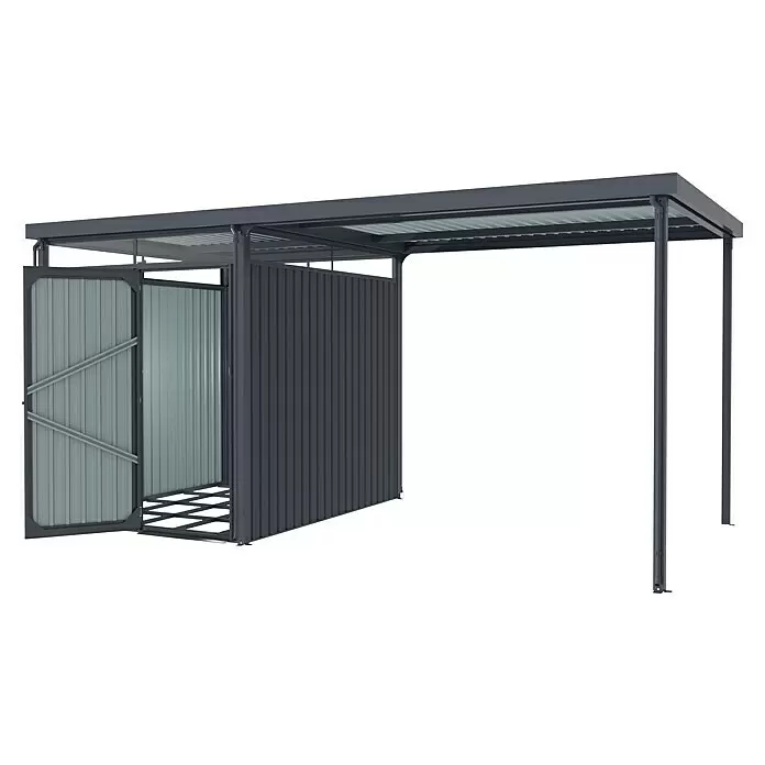 Vitavia Gerätehaus Rheinfelden 78 - Außenmaß inkl. Dachüberstand (B x T): 490 x 245 cm, Stahl, Anthrazit - Dunkelgrauer Metall-Carport und Geräteschuppen in einem, mit hellgrauen Wellblechwänden und offener Tür.