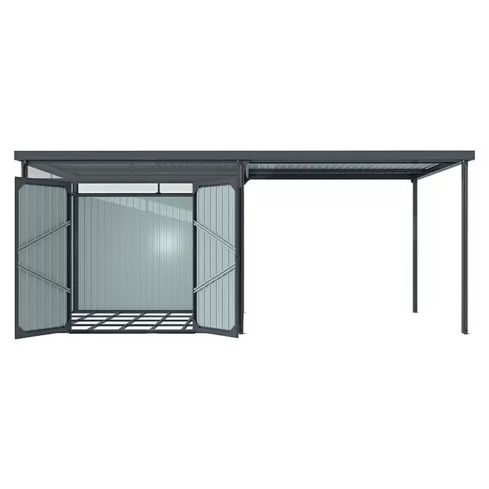 Vitavia Gerätehaus Rheinfelden - Außenmaß inkl. Dachüberstand (B x T): 576 x 245 cm, Stahl, Anthrazit - Dunkelgrauer Metallschuppen mit offenen Türen und hellem Innenraum, verbunden mit einem offenen Metall-Carport.