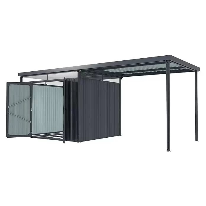 Vitavia Gerätehaus Rheinfelden - Außenmaß inkl. Dachüberstand (B x T): 576 x 245 cm, Stahl, Anthrazit - Dunkelgraues Metall-Carport mit integriertem Schuppen. Offene Tür zeigt hellgraue Wellblechwände, Lattenboden und lichtdurchlässiges Dach.