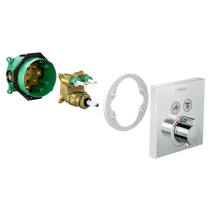 Hansgrohe Unterputzsystem Ibox Universal - 80 x 151 x 122 mm, Grün - Abgebildete Hansgrohe iBox Universal mit Armatur, Rosette und Fertigset. Diese Armatur bietet vielseitige Installationsmöglichkeiten.