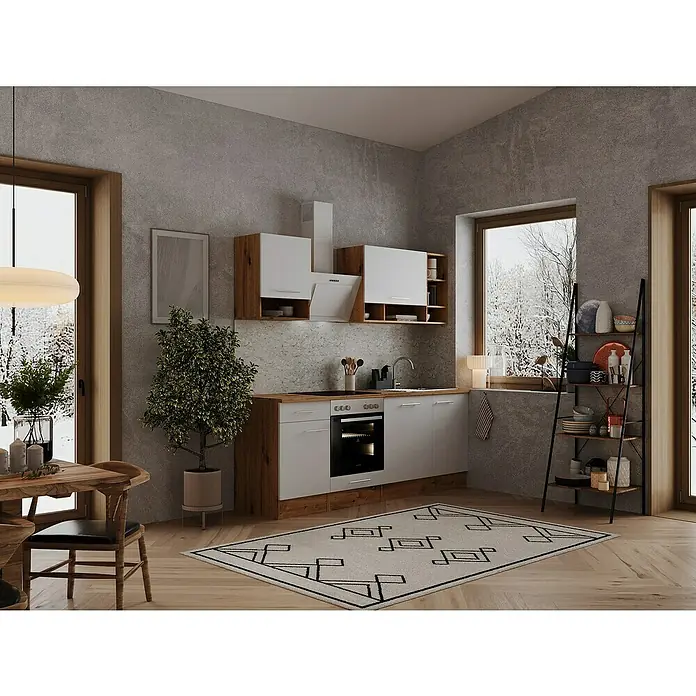 Respekta Singleküche Hilde - Breite: 220 cm, Weiß, Wechselseitig aufbaubar, Mit Elektrogeräten - Helle Küche mit Holzdetails, weißen Schränken und einem gemusterten Teppich auf einem Holzboden. Fenster lassen viel Licht herein.