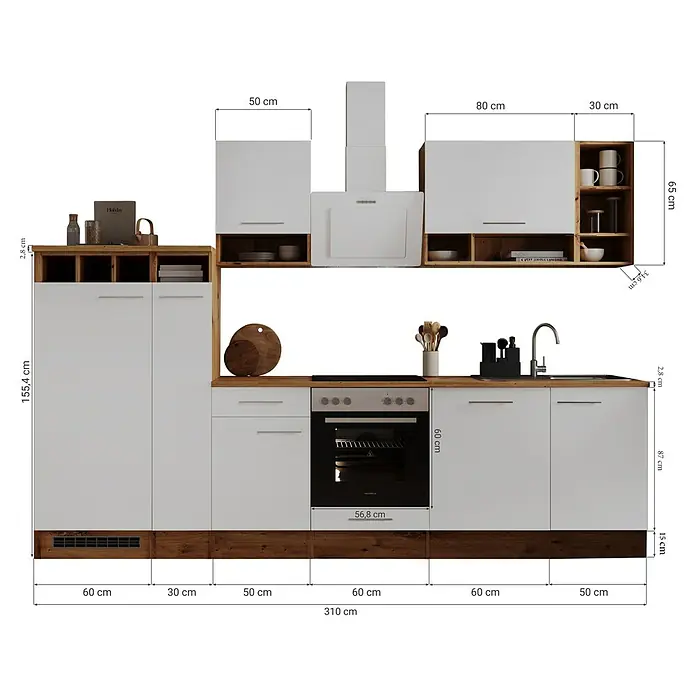 Respekta Küchenleerblock Hilde - Breite: 310 cm, Weiß, Matt, Holzoptik, Ohne Elektrogeräte - Produktansicht einer modernen Küche mit weißen Fronten und Holzelementen, inklusive aller Maße für eine detaillierte Planung.