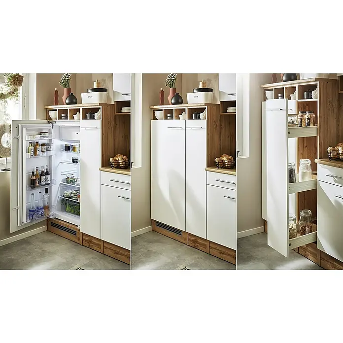 Respekta Küchenzeile Hilde - Breite: 310 cm, Grau, Mit Elektrogeräten - Küchenecke mit Kühlschrank und ausziehbarem Vorratsschrank in modernem Design mit Holzakzenten für stilvolle Ordnung.