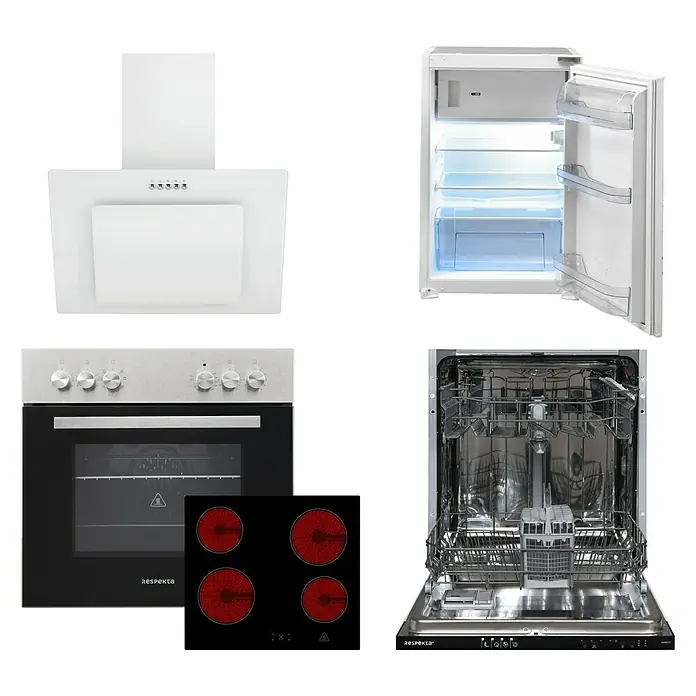 Respekta Composición de cocina Hilde - Ancho: 310 cm, Blanco, Con electrodomésticos - Electrodomésticos de cocina: campana extractora, nevera, horno/vitrocerámica y lavavajillas Respekta.