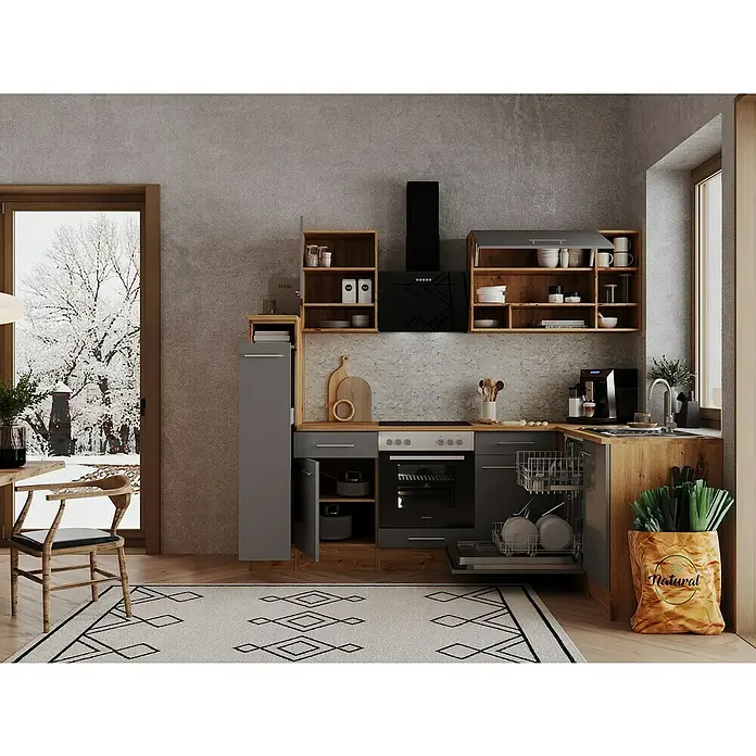 Respekta Winkelküche Hilde - Breite: 250 cm, Grau, Matt, Holzoptik, Mit Elektrogeräten - Ein modernes Kücheninterieur mit grauen Schränken, Holzakzenten und einem Blick nach draußen durch ein großes Fenster.