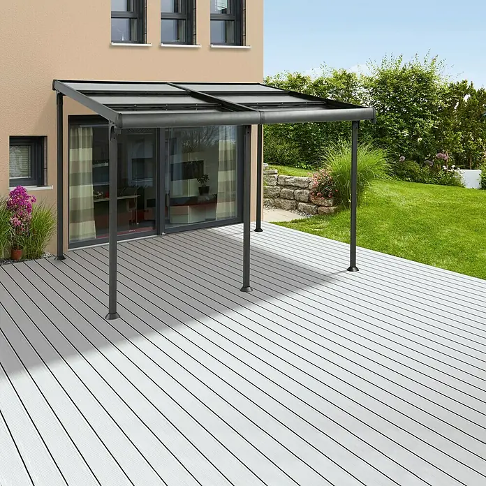 Sunfun Pérgola adosada Sera - An x Pr: 400 x 300 cm, Antracita, Aluminio - Patio cubierto con techo antracita, ofreciendo sombra y refugio. Ideal para relajarse al aire libre en cualquier clima.