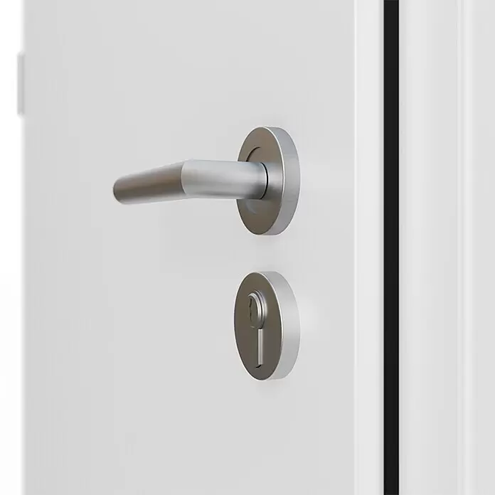 FM Türen Haustür AC68-520 - 100 x 200 cm, DIN Anschlag: Links, Weiß - Silberner Türgriff und Schlüsselloch an einer weißen Tür.