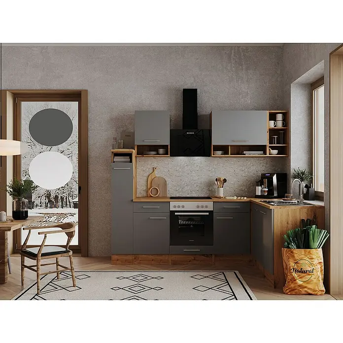 Respekta Winkelküche Hilde - Breite: 250 cm, Grau, Matt, Holzoptik, Mit Elektrogeräten - Ein modernes Küchendesign mit grauen Schränken, Holzdetails und einer stilvollen Essecke, die eine gemütliche Atmosphäre schafft.