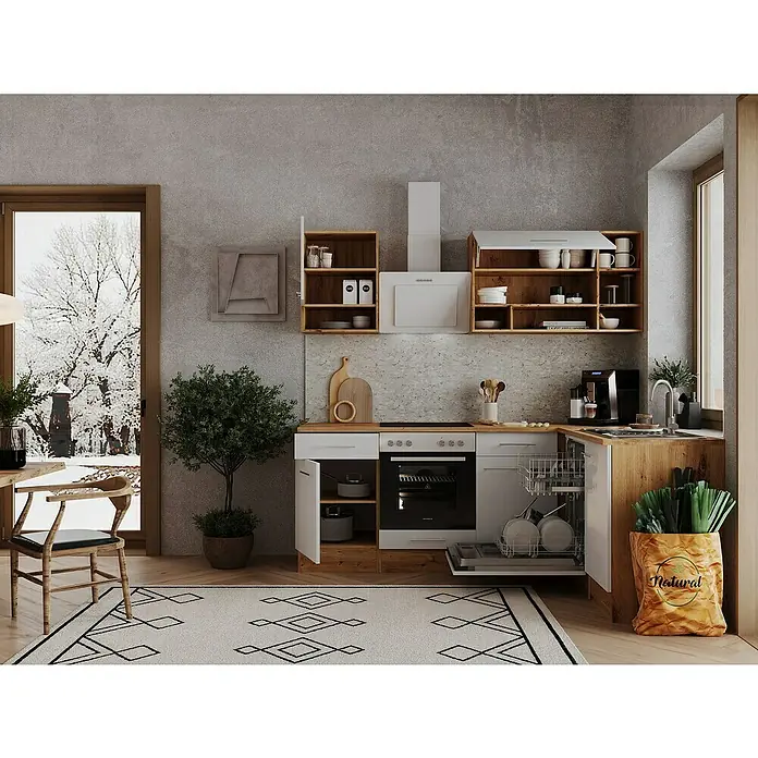 Respekta Winkelküche Hilde - Breite: 220 cm, Weiß, Matt, Holzoptik, Mit Elektrogeräten - Küchenszene mit einer modernen Einbauküche in Weiß und Holzoptik, inklusive Geräten und dekorativen Elementen.