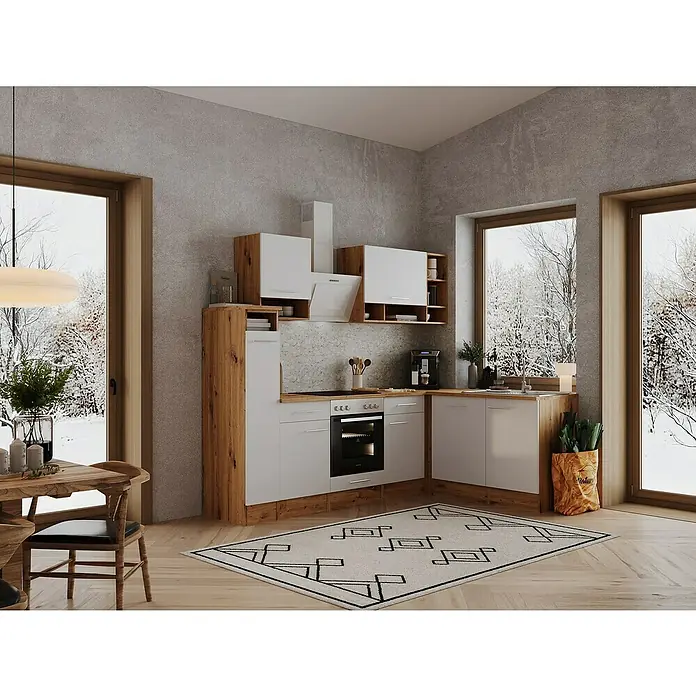 Respekta Küchenleerblock Hilde - Breite: 250 cm, Weiß, Matt, Holzoptik, Ohne Elektrogeräte - Einladende Küche mit klaren Linien, Holzelementen und viel Tageslicht. Die Winterlandschaft draußen ergänzt das warme Interieur perfekt.